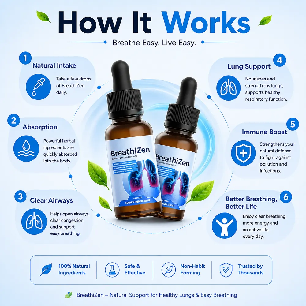 How Breathizen works: intake, absorption, airway comfort, lung support, immune support, better breathing